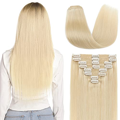 S-noilite Clip in Hair Extensions Real Human Hair 20 Inch Platinum Blonde Hair Extensions Remy Human Hair Clip In For Women Double Weft 8PCS Clip on Extension 150g #60
