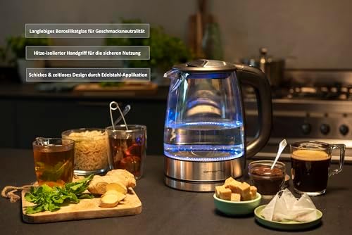 Bild 1 - EMERIO Glas Wasserkocher mit 1.7 Liter Volumen | 2200 Watt | blaue LED Innenbeleuchtung | 360° Basis | SIEGER Preis/Leistung Haus & Garten Test | bestes Borosilikatglas | BPA frei | WK-119988.7