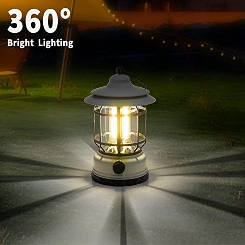 Rechargeable Camping Lantern, Retro Camping Light Lamp for Indoors Outdoors, 1200mAh Battery Powered LED Tent Light with Hook, Portable Waterproof Camping Lantern for Hiking, Fishing, Emergency- White