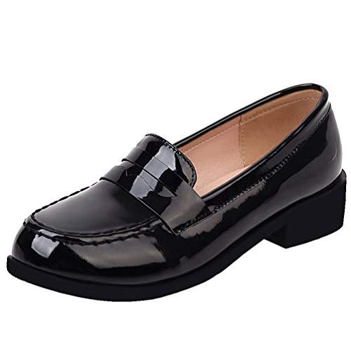 Image of Caradise Women's Patent Leather Loafers Block Heel Slip On Casual Shoes