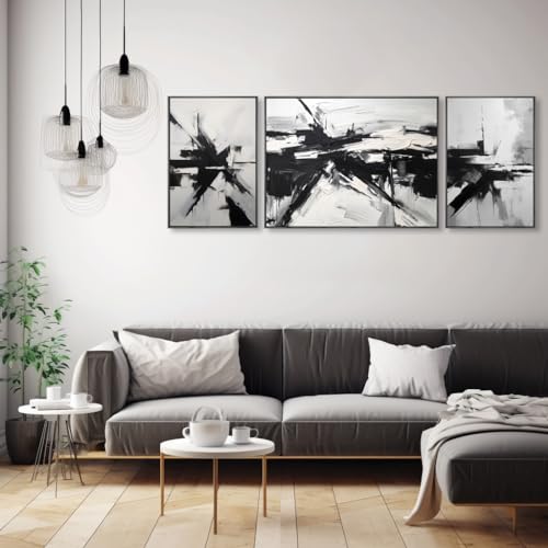 Wall Art 3 Pieces Modern Wall Art Canvas Printing Black and White Abstract Artwork for Living Room Bedroom Dining Room Home Office Decor 24"x63" with Framed