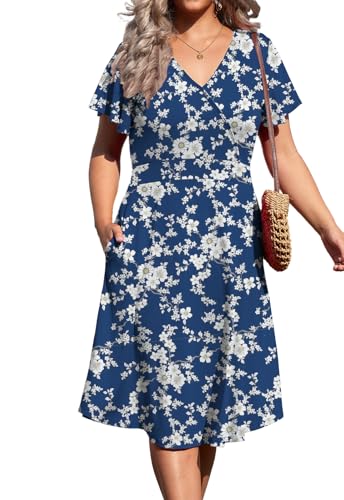 Image of Women's Plus Size Summer Dresses V Neck Ruffle Short Sleeve Casual Wrap A Line Midi Dress with Pockets