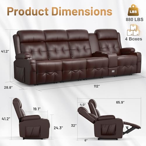 Image of Loveseat Recliner Sofa, Home Theater Seating with Massage, 4 Seat Reclining Loveseats with Console, Wall Hugger RV Couch Movie Theater Chairs, RV Furniture Sofas with USB, Cup Holders for Gaming Room