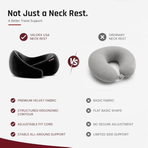 Image of Premium Memory Foam Neck Pillow by ValorX USA for Travelling 360 Neck Support with Adjustable Velcro Straps & Ultra-Soft Velvet Cover, Black