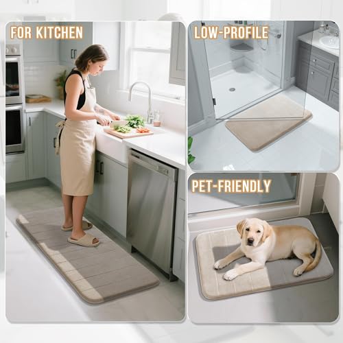 Image of Yimobra Memory Foam Bathroom Rugs Sets 2 Piece - Super Soft Absorbent Quick Dry Bath Mat Set, Machine Washable Non Slip Floor Carpet for Tub Shower & Single Sink (17x24 & 31.5x20 Inch, Beige)