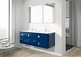 muebles baño azul 100% Made in Italy Dafne Italian Design Mueble de baño azul brillante con doble lavabo y espejo recto y LED – Base con 2 puertas, 2 cajones, 2 lavabos integrados