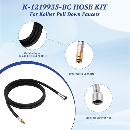 Hygie Rinse K-1219935-BC Pull Down Hose for Kohler Faucet, 67” Black Synthetic Rubber & Brass Hose Kit with Magnetic Docking System