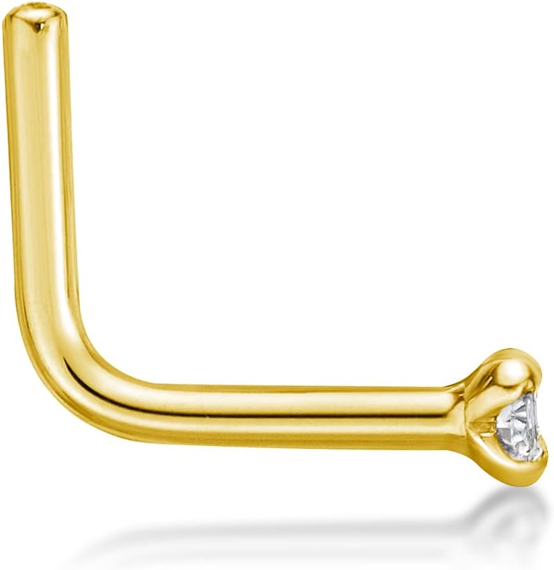 14K White Gold or Yellow Gold 0.03 carat Natural Diamonds L-Shaped Nose Ring for Women,20 Gauge（I2-I3 Clarity）