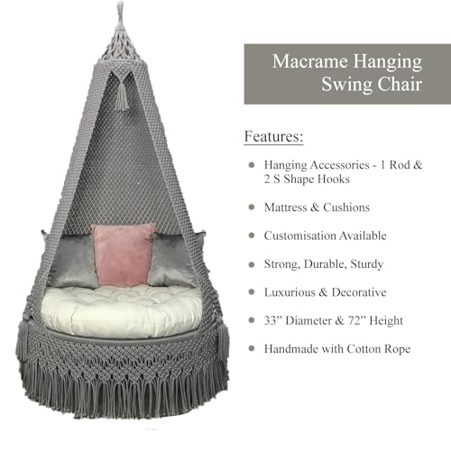 Image of Macrame Hanging Chair Swing with Cushion | Handmade Boho Hammock Chair for Adults & Kids | Indoor Outdoor for Balcony, Living Room, Bedroom, Patio & Garden (Grey)