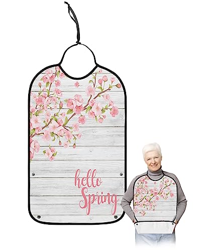 Spring Peach Blossom Adult Bibs for Eating, Waterproof Bibs with Food Catcher & Adjustable Snap Closure, Pink Peach Blossom Tree on Wood Washable Clothing Protectors Adult Bibs for Elderly Women/Men