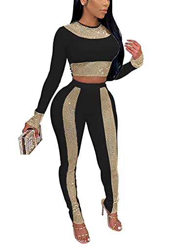 Ekaliy Women Rhinestone 2 Piece Outfits Jumpsuits Long Sleeve Crop Top Bodycon Pants Set Hot Drilling Process Bodycon Jumpsuit Rhinestone Clubwear Black S