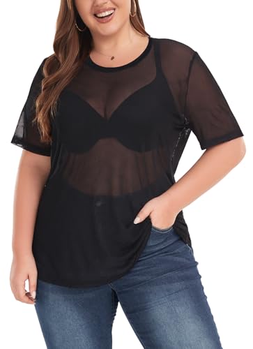 Women's Plus Size Glitter Sheer Mesh Short Sleeve Tee Shirt Top3