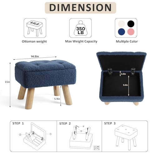 OGEMXU Storage Ottoman, Small Foot Stool Ottoman with Storage, Boucle Teddy Velvet Foot Rest with Padded Seat, Sturdy Wood Legs Stool for Living Room, Bedroom, Couch, Enterway (Dark Blue)