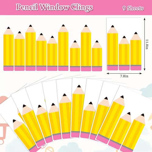 Image of Whaline 9 Sheet Pencil Window Clings Back to School Yellow Pencil Reusable Window Decals for First Day of School Playroom Home Nursery Classroom Decor
