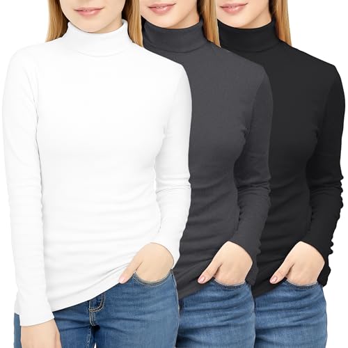 NY Threads 3 Pack Women’s Turtleneck Long Sleeve Tops Slim Fit Thermal Base Layer Shirts