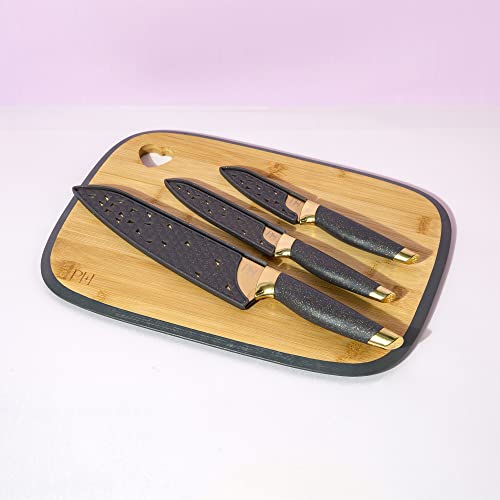 Paris Hilton Reversible Bamboo Cutting Board And Cutlery Set With Matching High Carbon Stainless Steel Knives, Blade Guards, Sleek Yet Comfortable Handle Grips, 7-Piece Set Gold, Charcoal Gray #TOP7