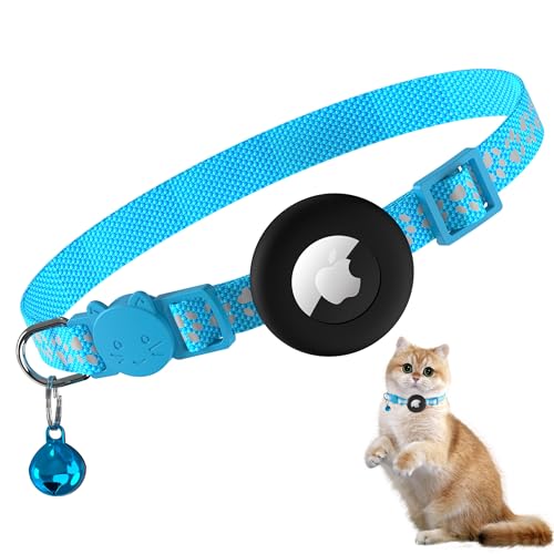 Meliya Airtag Cat Collar Breakaway with Bell, Adjustable Reflective Pet Kitten Collar with Apple Air Tag Holder Case for Girl Boy Cats (Footprints Blue)