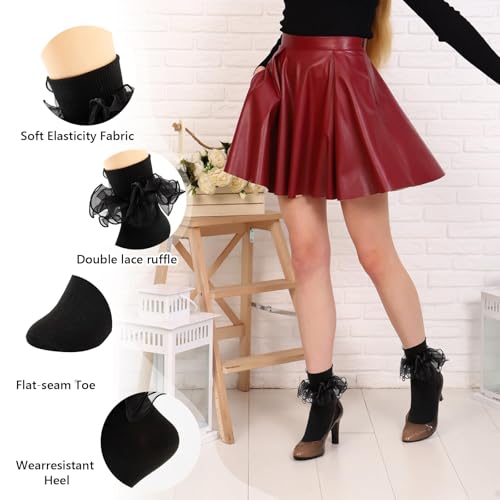 Image of Women Big Ruffle Ankle Socks Adult Double Lace Frilly Turn Cuff Dress Socks Cotton Cute Fancy Bobby Crew Socks