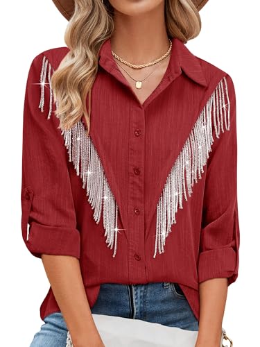 Image of MYMORE Womens Sparkly Fringe Shirt Western Cowgirl Country Concert Outfit