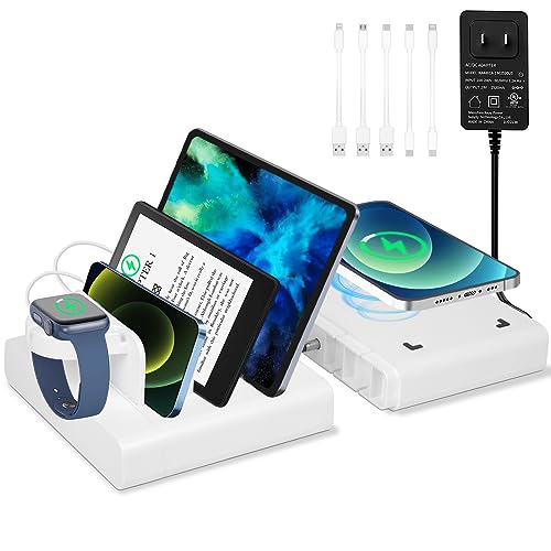 MERGROLY 5-in-1 Fast Charging Station with 20W PD Port, 15W Wireless Charging Dock, Watch Holder, for Phone/Kindle/iPad/Tablet (5 Short Cables Included)