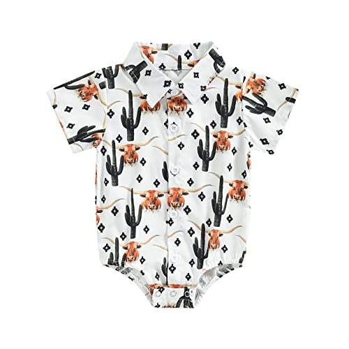 Image of Karuedoo Western Baby Boy Clothes Cow Print Shirt Romper Infant Short Sleeve Button Down Bodysuit One Piece Gentleman Outfit