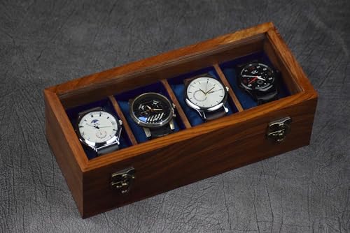 Image of Royal Craft Expertise 4 Slot Wooden Watch Organizer for Men - Luxury Watch Storage Case | Glass Top Watch Display Holder | Indian Rosewood Timepiece Box