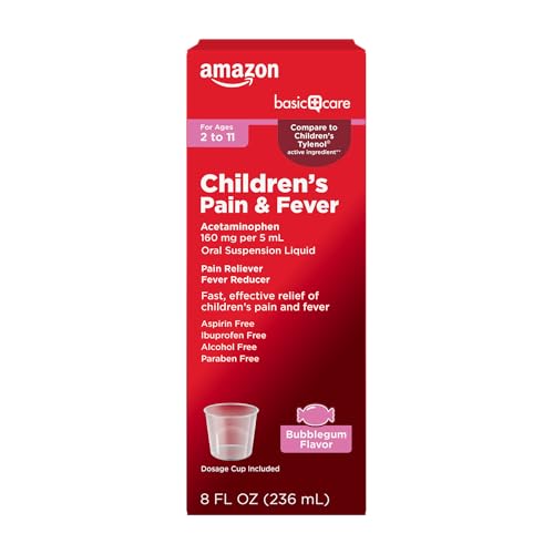 Image of Amazon Basic Care Children's Pain and Fever Oral Suspension Liquid, Pain Reliever, Fever Reducer, Acetaminophen 160 mg per 5 mL, Bubblegum Flavor, 8 fl oz
