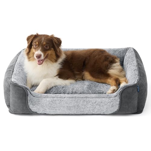 Bedsure Hundebett grosse Hunde – 89x63x20cm Hundesofa für grosse Hunde waschbar, Hundekorb mit abnehmbarer waschbarer Bezug, Hundecouch mit rutschfester Unterseite, kuschelweiches Hundebett groß, Grau