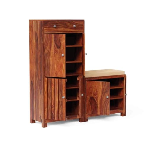 Image of Wooden Shoe Rack with Seat | Shoe Cabinet with Seating Closed Door for Home | Sheesham Wood with Drawer Storage Organiser | Honey Finish | 53x14x52 Inch