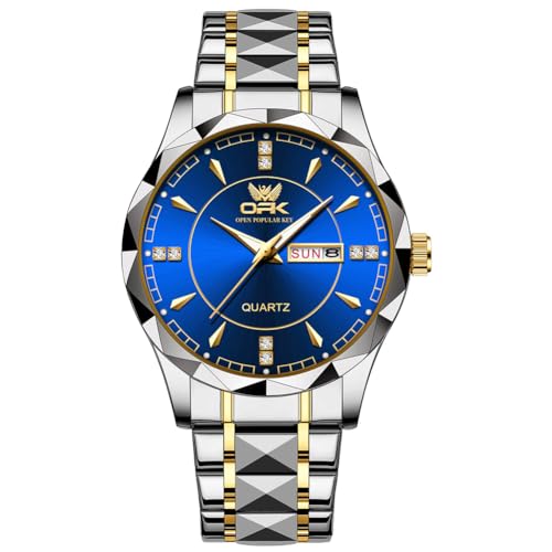 Image of OPK Watches for Men Diamond Roman Analog Mens Watches Waterproof Large Stainless Steel Men Wrist Watch Business Father Gift Watch Blue