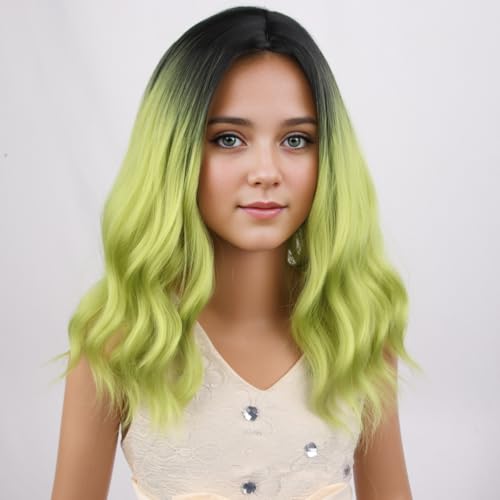 Image of PATTNIUM Kids Ombre Green Wig Child Girls Short Cury Bob Wig Black to Green Wig Matcha Green Wig Synthetic Wig wtih Wig Cap