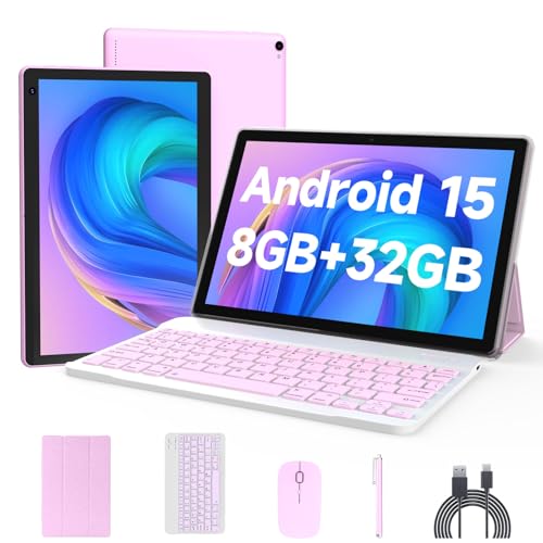 Tablet Android 15 da 10 pollici, tablet 2 in 1 con custodia per tastiera e pennino per mouse, 6 GB di RAM, 32 GB di ROM, 1 TB espandibile, processore Quad Core, WiFi, BT, schermo HD 1280 x 800, 6000 mAh, doppia fotocamera, GMS, Widevine L1