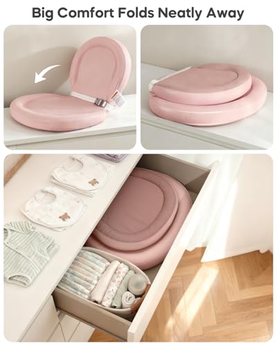 Image of Baby Changing Pad, Waterproof Wipe-Clean Non-Slip Foldable PU Surface with Adjustable Safety Belt, Compatible with Dresser & Changing Table, 30 inchX18 inch, Pink