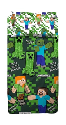 Juego de sábanas para Cama Individual Minecraft, sábana encimera, sábana Bajera Ajustable y Funda de Almohada, Verde, 100% algodón, Producto Oficial