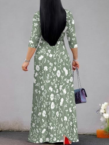 Image of Plus Size Dresses for Women Floral Print Maxi Dress Flowy 3 /4 Sleeve with Belt