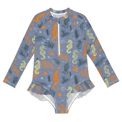 ALAZA Orange Seahorse Coral Reef Blue Girls One Piece Swimsuit Long Sleeve Rash Guard Swimsuits UV 50+ Swimwear Zipper
