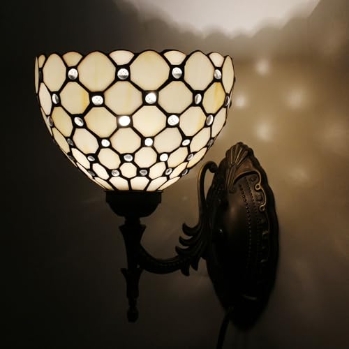 Image of Tiffany Wall Sconce Lamp Stained Glass 8X10.5X11 Inch Plug in Wall Bedside Light for Hallway Bedroom (Amber Bead Style)