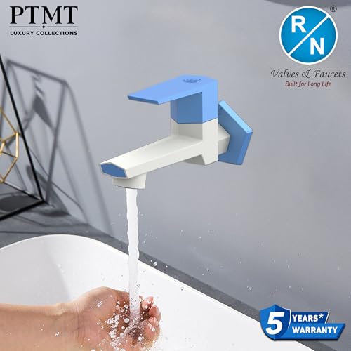Image of RN PTMT Long Body Bib Cock for Bathroom | 15mm Long Body Foam Flow Water Tap with Flange | Luxury G20 Collection Faucet | High-Grade Engineering Polymer Tap (White Blue Dual, Pack of 4)
