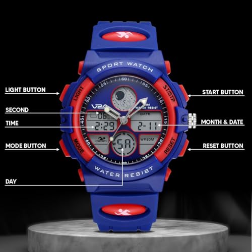 Image of V2A Nova Pro Kids Watch for Boys Age 8-14 | 44mm Analog Digital Sports Watch | Alarm Stopwatch Backlight | TPU Strap | 30M Water Resistant | School & Birthday Gift | Gift for Boy