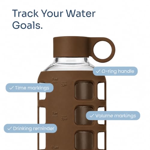 Image of purifyou 40oz / 32oz / 22oz / 12oz Borosilicate Glass Water Bottle with Time & Volume Markers, Silicone Sleeve, Stainless Steel Lid - Reusable Glass Bottle for Water & Juice (40oz Earth Brown)