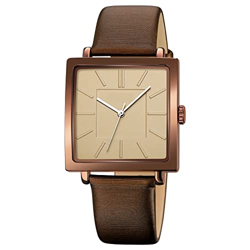 Simplicity - Quadratische Damenuhr, elegant, analog, Quarz, mit Lederarmband, wasserdicht, modisch, für Frauen und Mädchen, Café-Gold, Armband