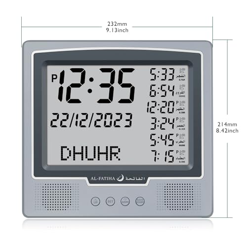 Al salama Azan Wecker Tischuhr, Automatisch Weltweit Digital 8 Azan Gebet Töne, muslimische Gebetsuhr für Home Decor, Ramadan Geschenk (Grau)