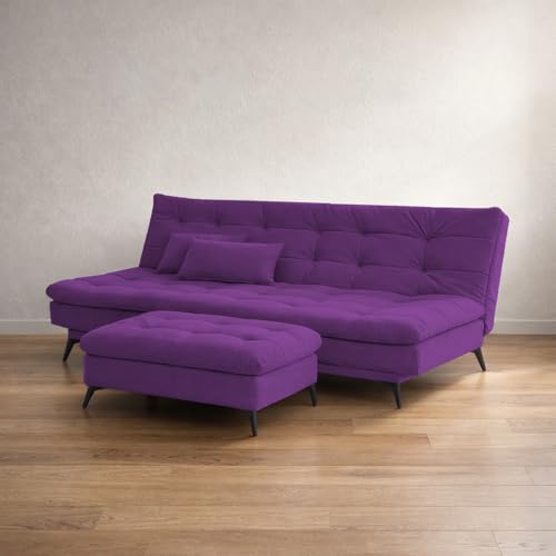 Image of Krancy Solid Wood 3 Seater Sofa Cum Bed with Ottomon | Convertible Wooden Couch for Living Room, Home & Office | Modern Designer Furniture | 1 Year Warranty | Purple Color