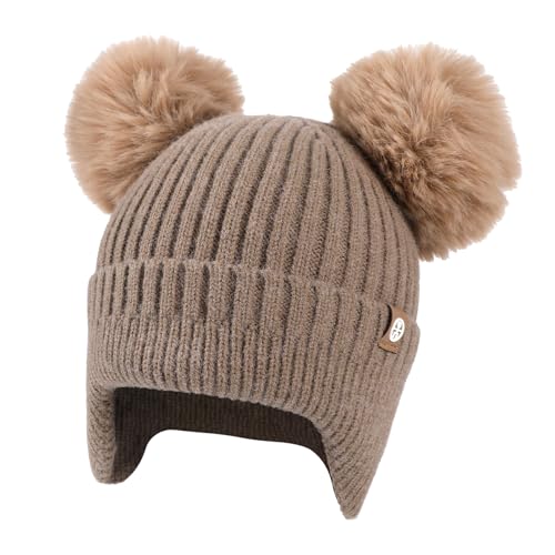 TAGVO Gorro de Invierno Infantil con Orejeras, Mezcla de Lana, Doble Pompon, Punto Suave para Niños y Niñas 2–8 Años