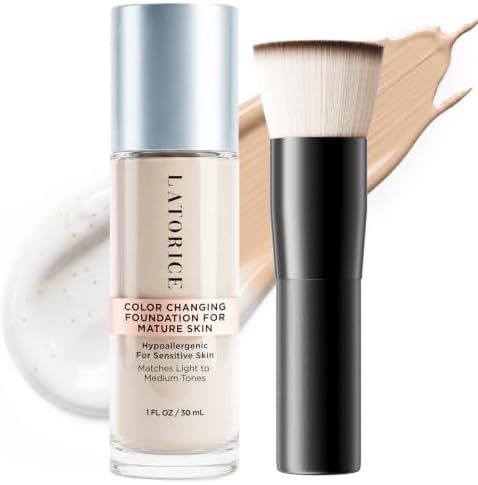 Color Changing Foundation with Professional Brush for Mature Skin: No Settling, Buildable Coverage, 12-Hour Hydration & Wear, Light to Medium Tones, Fragrance-Free - 1 FL OZ
