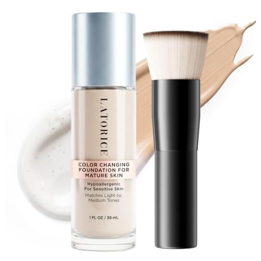 Color Changing Foundation with Professional Brush for Mature Skin: No Settling, Buildable Coverage, 12-Hour Hydration & Wear, Light to Medium Tones, Fragrance-Free - 1 FL OZ