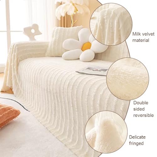 Couverture pour canapé usé : grand jeté à pompons réversible protège-lit