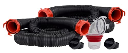 Valterra 20-Foot Dominator RV Sewer Hose Kit, Sewer Hose for RV Camper, Includes 2 Attachable 10-Foot Hoses with Rotating Fittings, 90 Degree Clearview Sewer Adapter, and 4 Drip Caps
