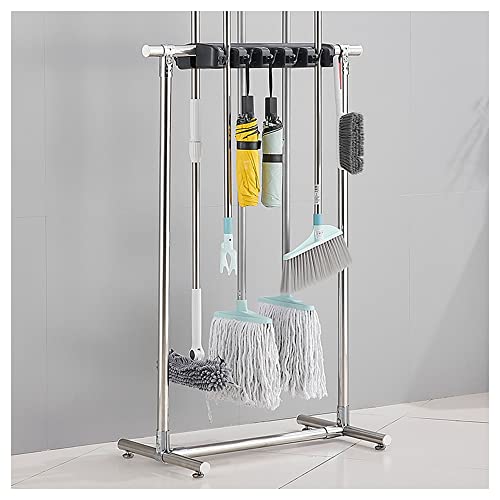 Floor Mounted Hanging Broom Mop Holder,Movable Commercial Mop Rack,Cleaning Supplies Storage,Stainless Steel Mop Rack Umbrella Storage Stand Tool Cart,Put wet m