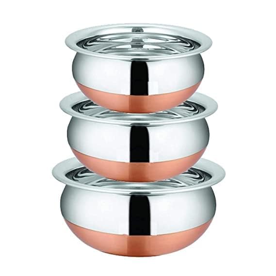 Image of Handi Copper Bottom Stainless Steel 800 Ml, 1.5 Liter, 2 Liter Copper Base Patila /Dekchi /Bhagona /Handi for Boiling Milk, Cooking Biryani Rice Combo of 3 (Color - Silver)